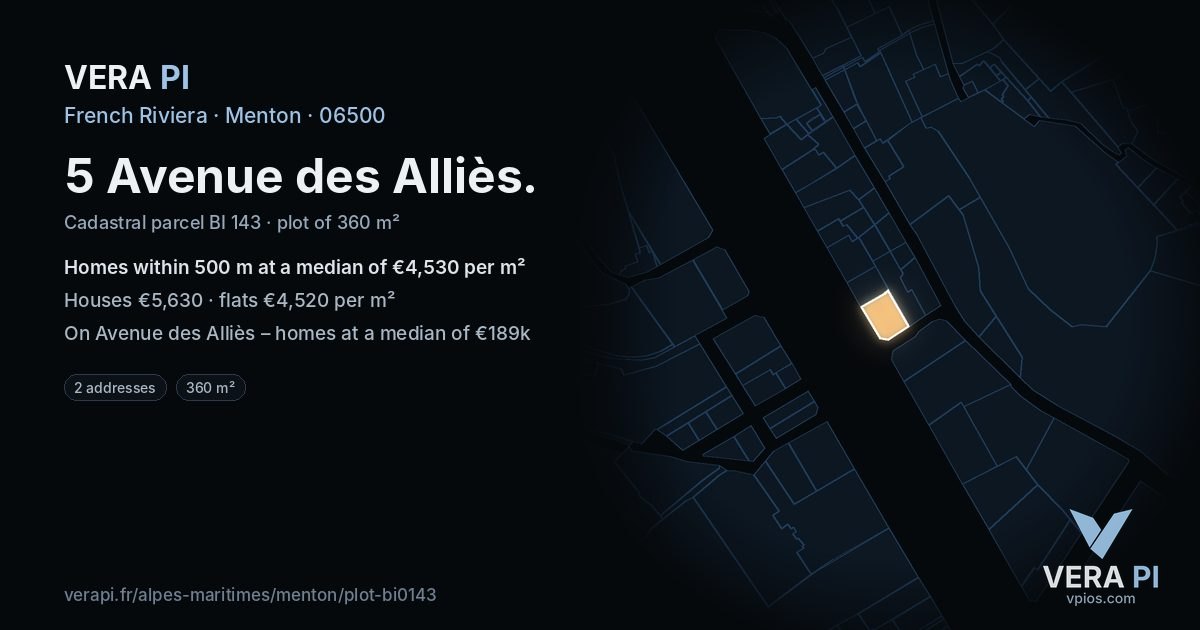 5 Avenue des Alliès, Menton at night – the plot lit, the parcels around coloured by the prices near them