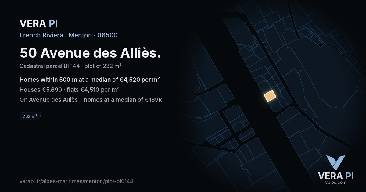 50 Avenue des Alliès, Menton at night – the plot lit, the parcels around coloured by the prices near them