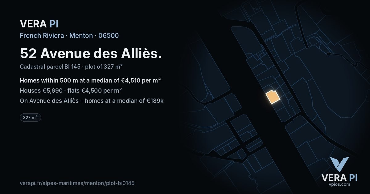 52 Avenue des Alliès, Menton at night – the plot lit, the parcels around coloured by the prices near them