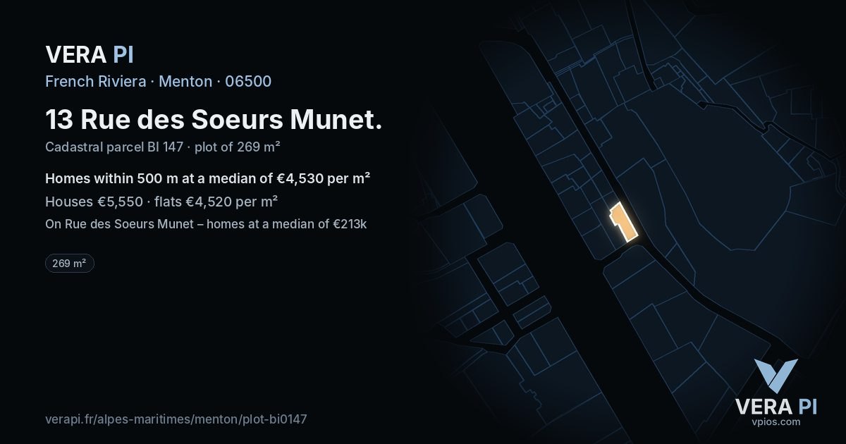 13 Rue des Soeurs Munet, Menton at night – the plot lit, the parcels around coloured by the prices near them