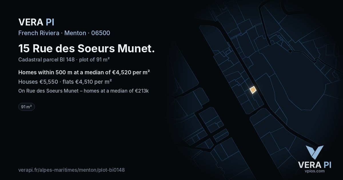 15 Rue des Soeurs Munet, Menton at night – the plot lit, the parcels around coloured by the prices near them