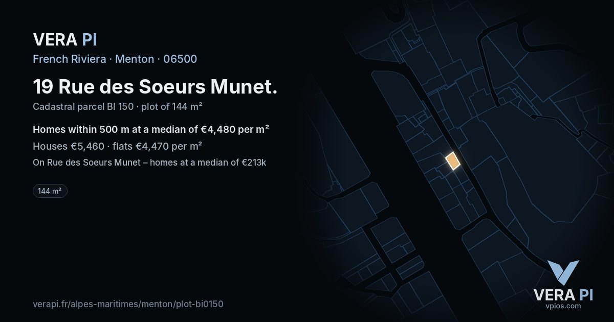19 Rue des Soeurs Munet, Menton at night – the plot lit, the parcels around coloured by the prices near them