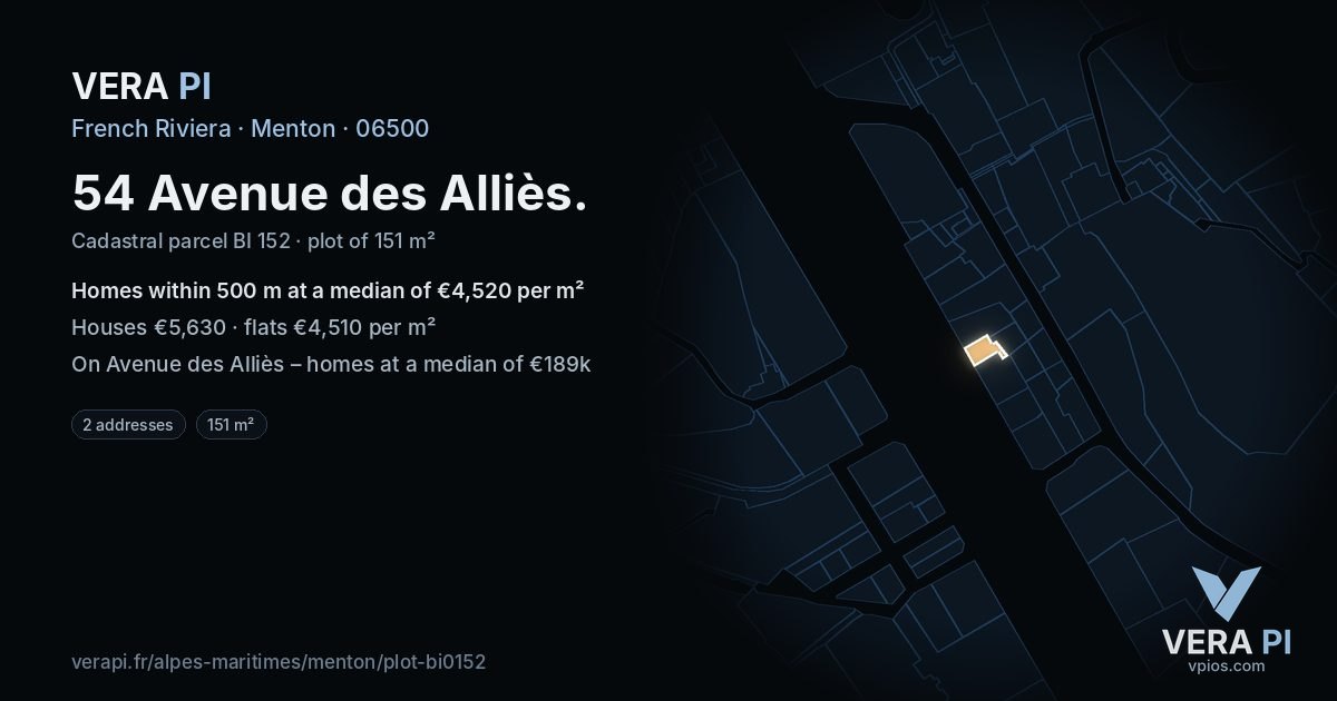 54 Avenue des Alliès, Menton at night – the plot lit, the parcels around coloured by the prices near them