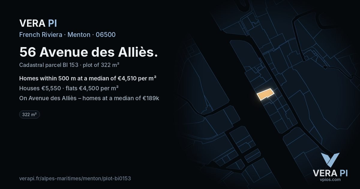 56 Avenue des Alliès, Menton at night – the plot lit, the parcels around coloured by the prices near them