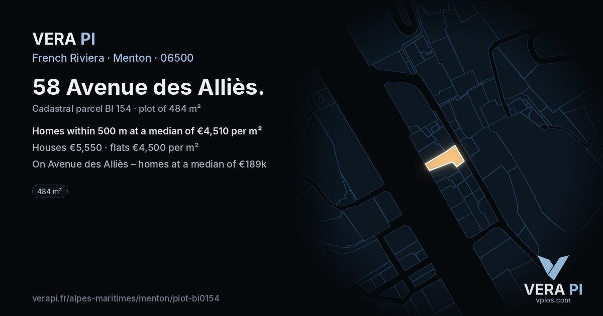 58 Avenue des Alliès, Menton at night – the plot lit, the parcels around coloured by the prices near them