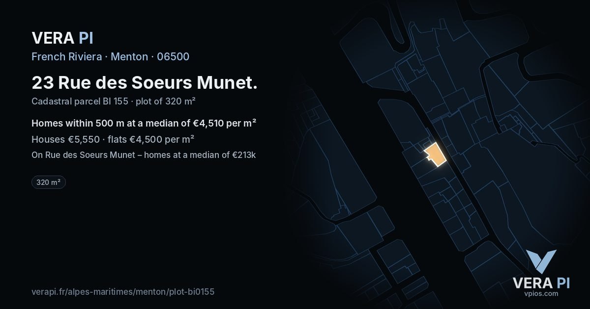 23 Rue des Soeurs Munet, Menton at night – the plot lit, the parcels around coloured by the prices near them