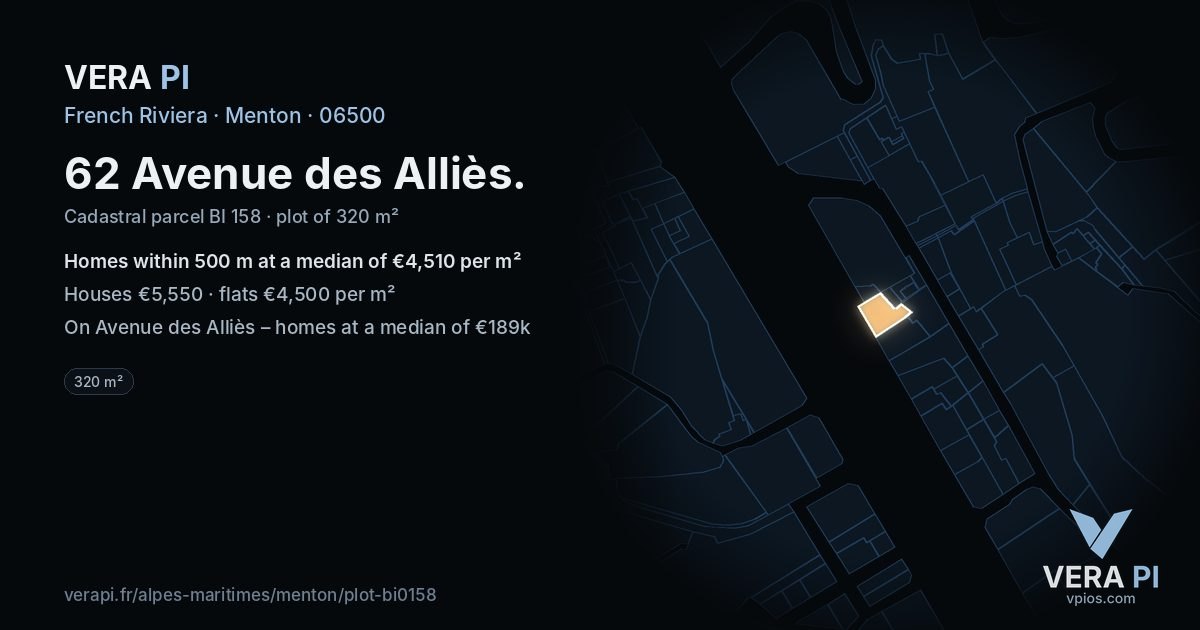 62 Avenue des Alliès, Menton at night – the plot lit, the parcels around coloured by the prices near them