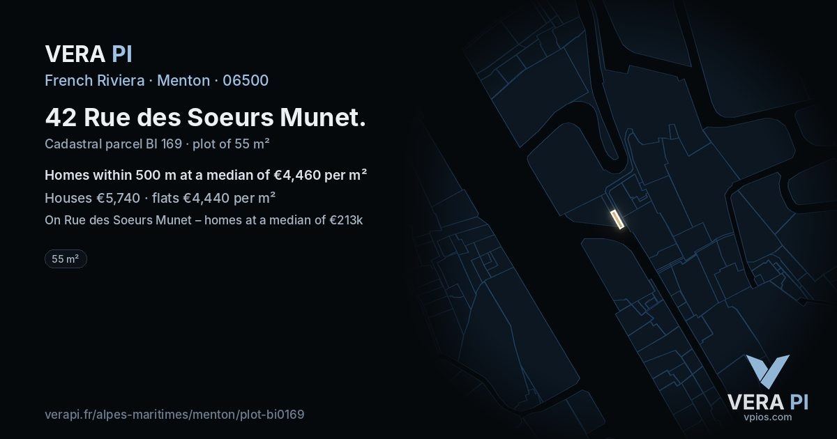 42 Rue des Soeurs Munet, Menton at night – the plot lit, the parcels around coloured by the prices near them