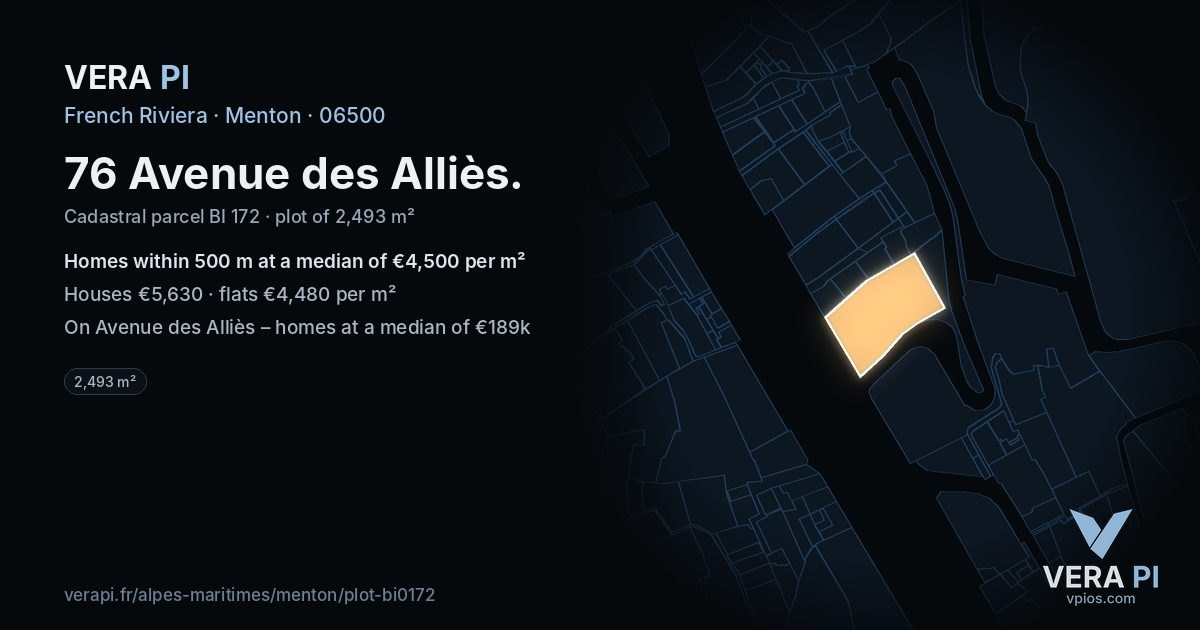 76 Avenue des Alliès, Menton at night – the plot lit, the parcels around coloured by the prices near them