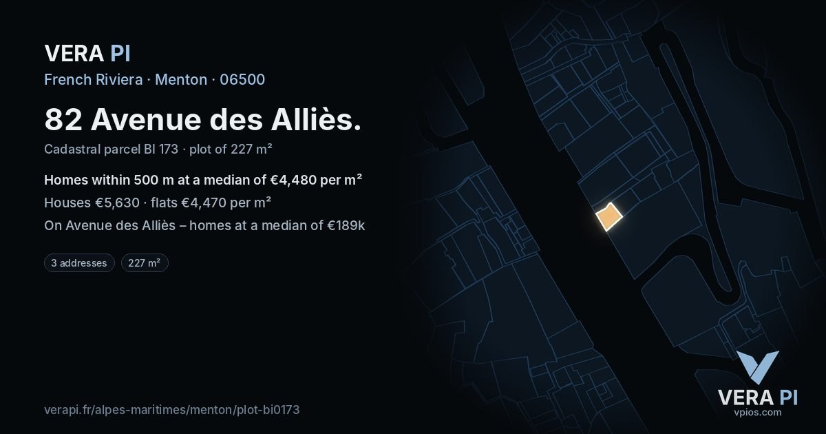 82 Avenue des Alliès, Menton at night – the plot lit, the parcels around coloured by the prices near them