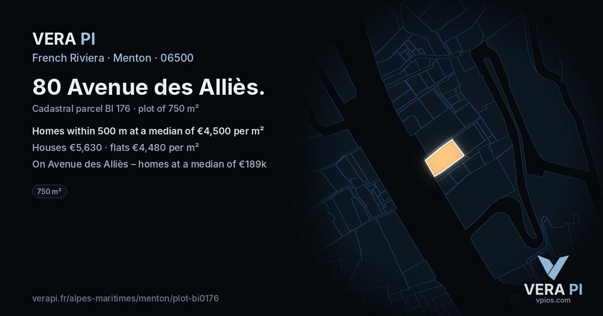 80 Avenue des Alliès, Menton at night – the plot lit, the parcels around coloured by the prices near them