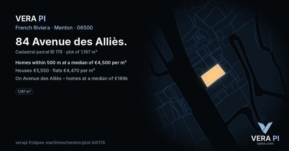 84 Avenue des Alliès, Menton at night – the plot lit, the parcels around coloured by the prices near them