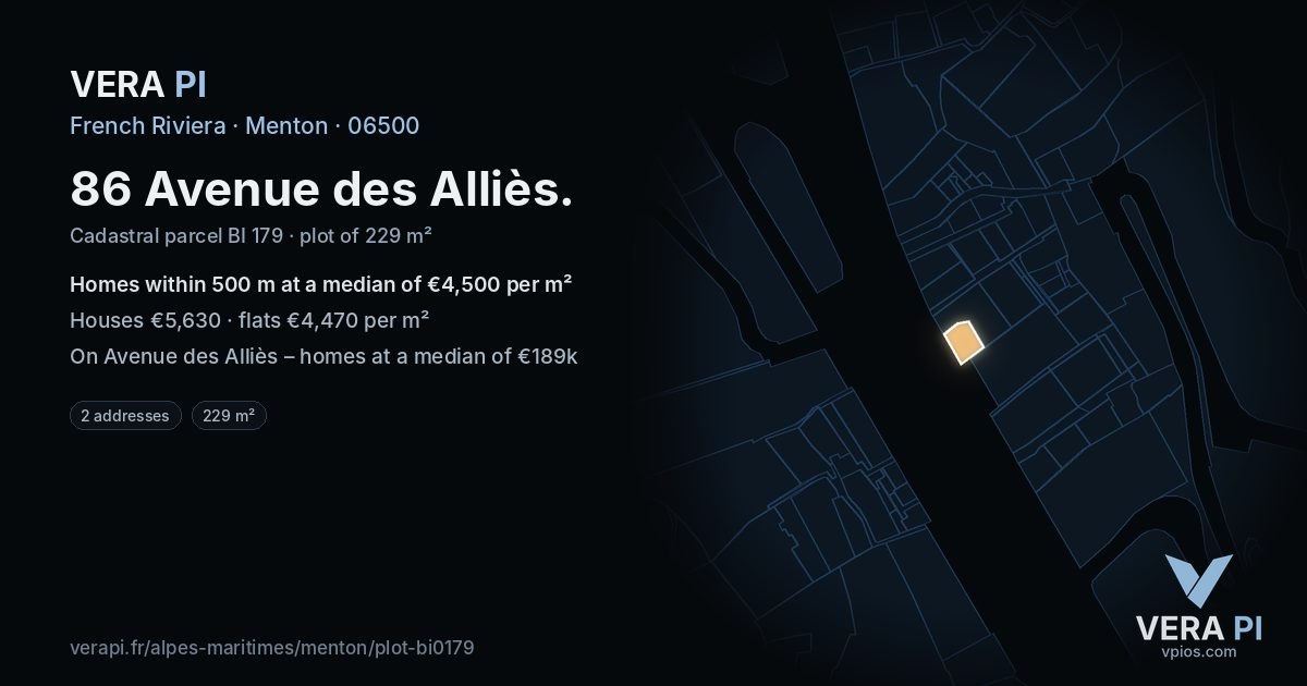 86 Avenue des Alliès, Menton at night – the plot lit, the parcels around coloured by the prices near them