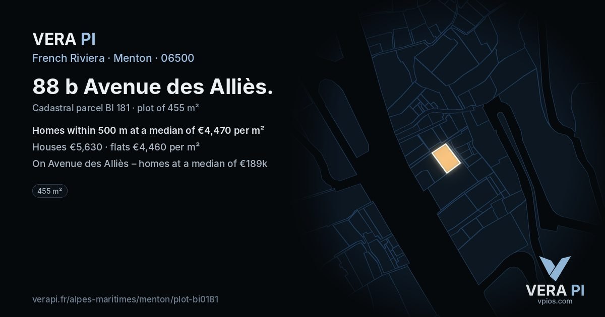 88 b Avenue des Alliès, Menton at night – the plot lit, the parcels around coloured by the prices near them