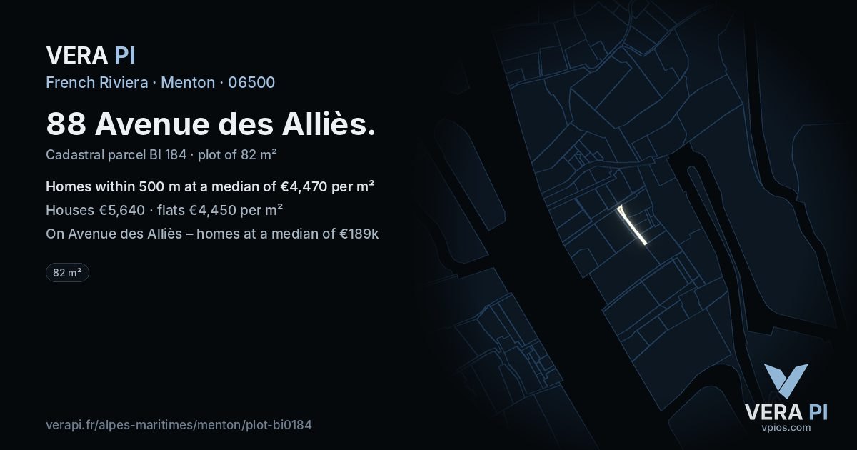 88 Avenue des Alliès, Menton at night – the plot lit, the parcels around coloured by the prices near them