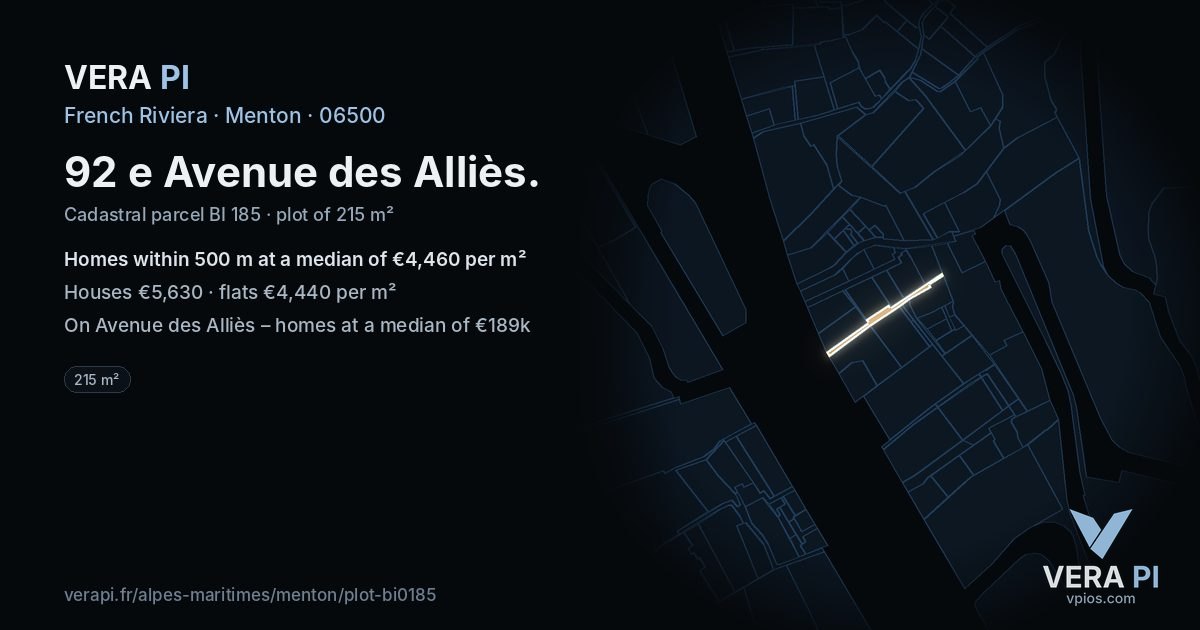92 e Avenue des Alliès, Menton at night – the plot lit, the parcels around coloured by the prices near them