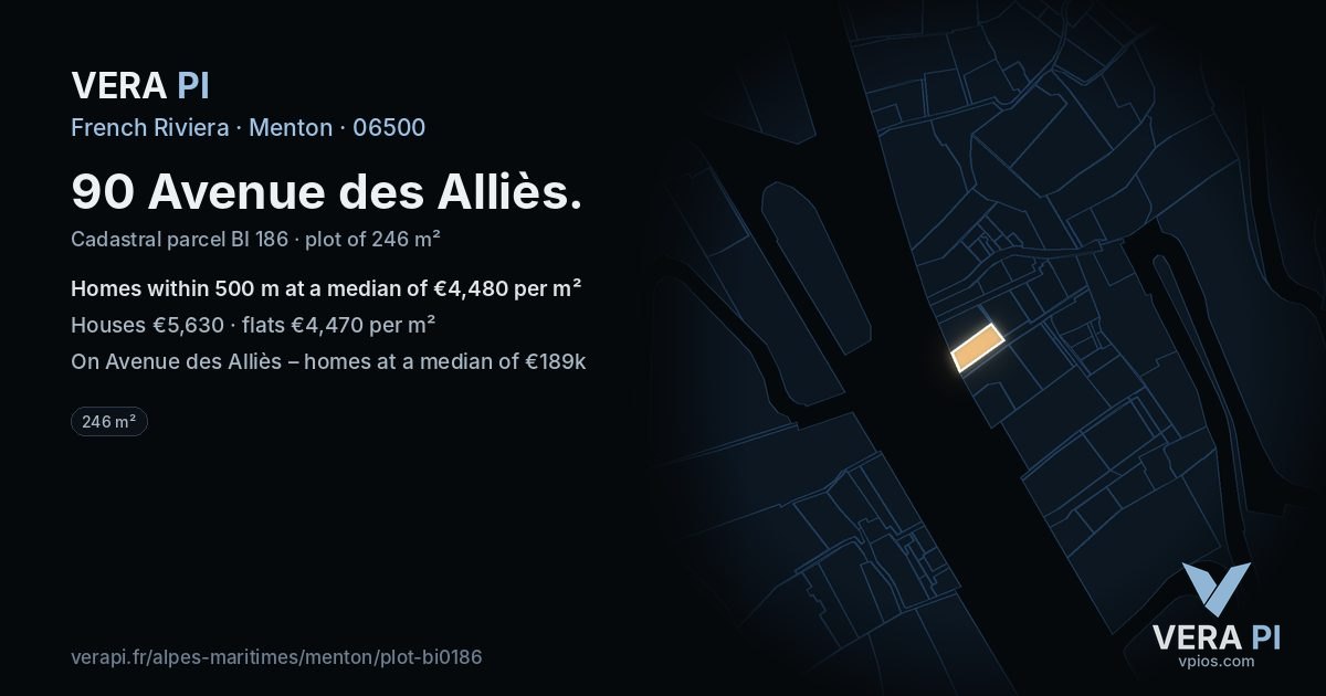 90 Avenue des Alliès, Menton at night – the plot lit, the parcels around coloured by the prices near them