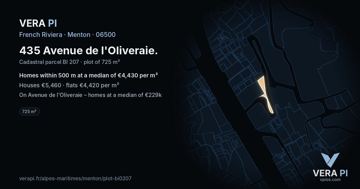 435 Avenue de l'Oliveraie, Menton at night – the plot lit, the parcels around coloured by the prices near them