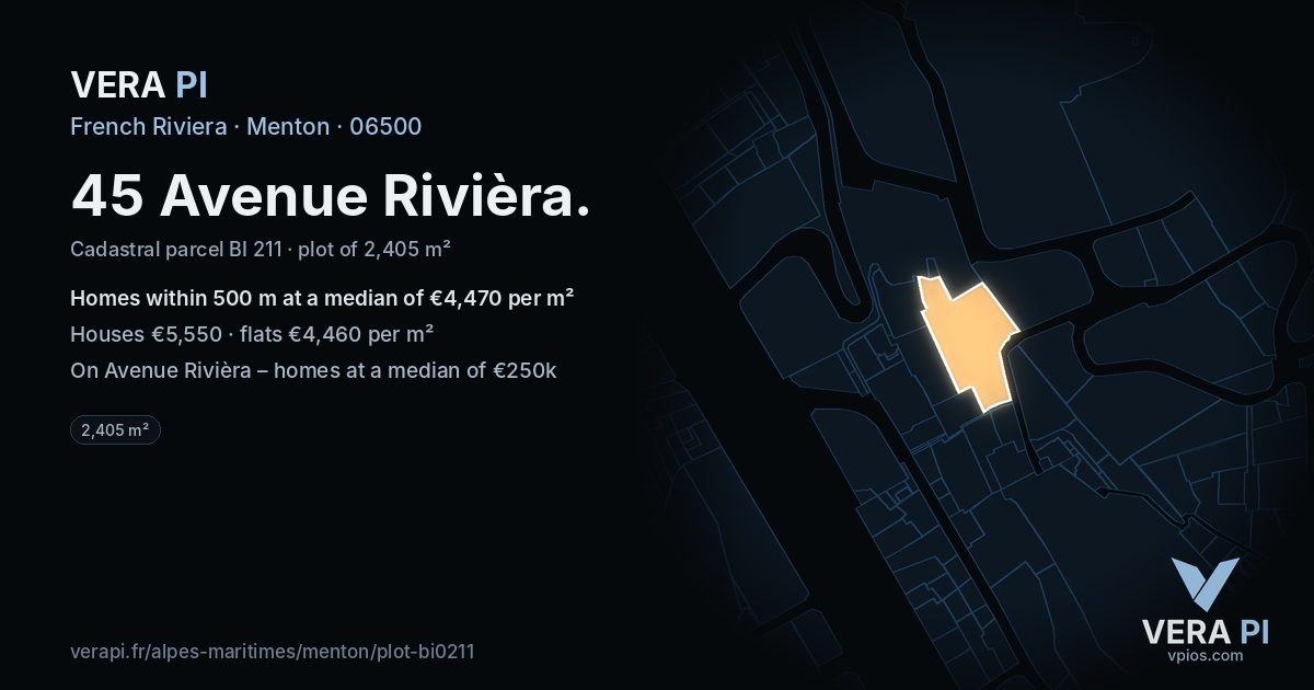 45 Avenue Rivièra, Menton at night – the plot lit, the parcels around coloured by the prices near them