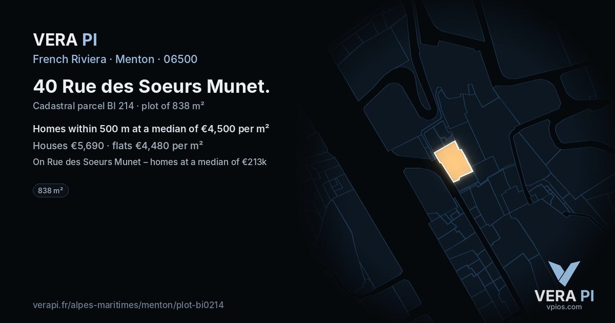 40 Rue des Soeurs Munet, Menton at night – the plot lit, the parcels around coloured by the prices near them