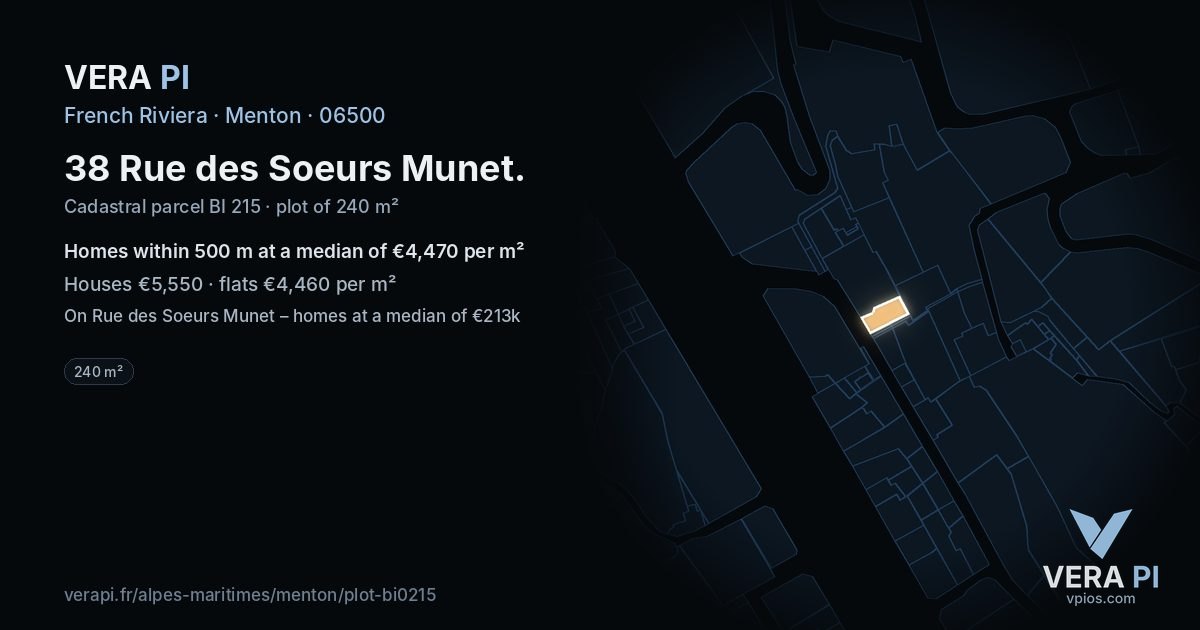 38 Rue des Soeurs Munet, Menton at night – the plot lit, the parcels around coloured by the prices near them