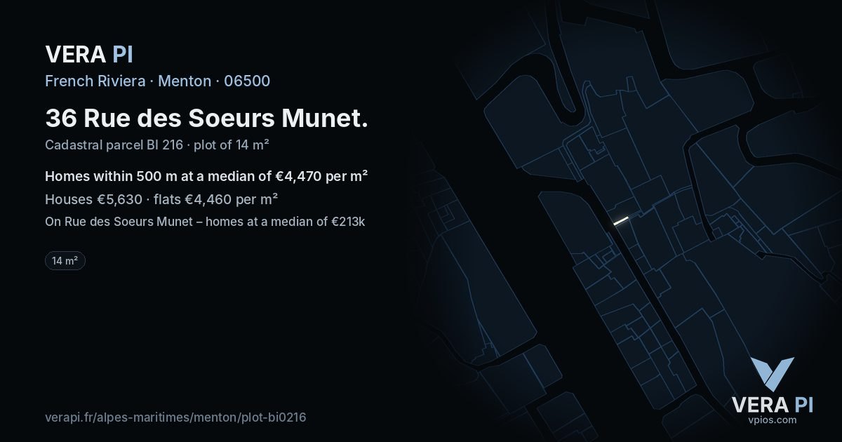 36 Rue des Soeurs Munet, Menton at night – the plot lit, the parcels around coloured by the prices near them