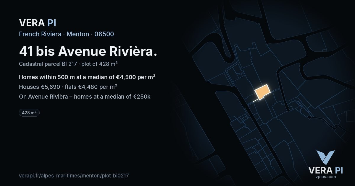 41 bis Avenue Rivièra, Menton at night – the plot lit, the parcels around coloured by the prices near them