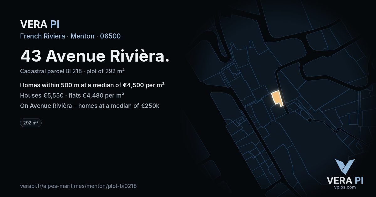 43 Avenue Rivièra, Menton at night – the plot lit, the parcels around coloured by the prices near them
