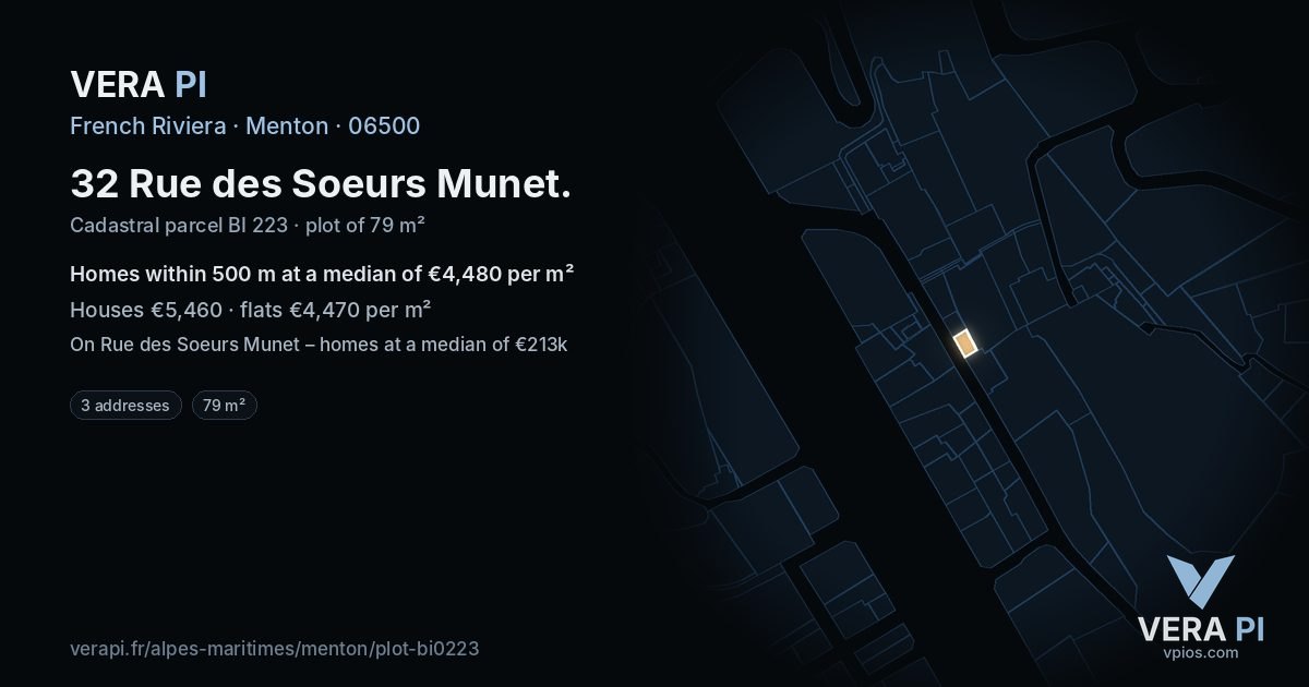 32 Rue des Soeurs Munet, Menton at night – the plot lit, the parcels around coloured by the prices near them