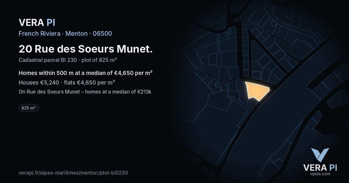 20 Rue des Soeurs Munet, Menton at night – the plot lit, the parcels around coloured by the prices near them