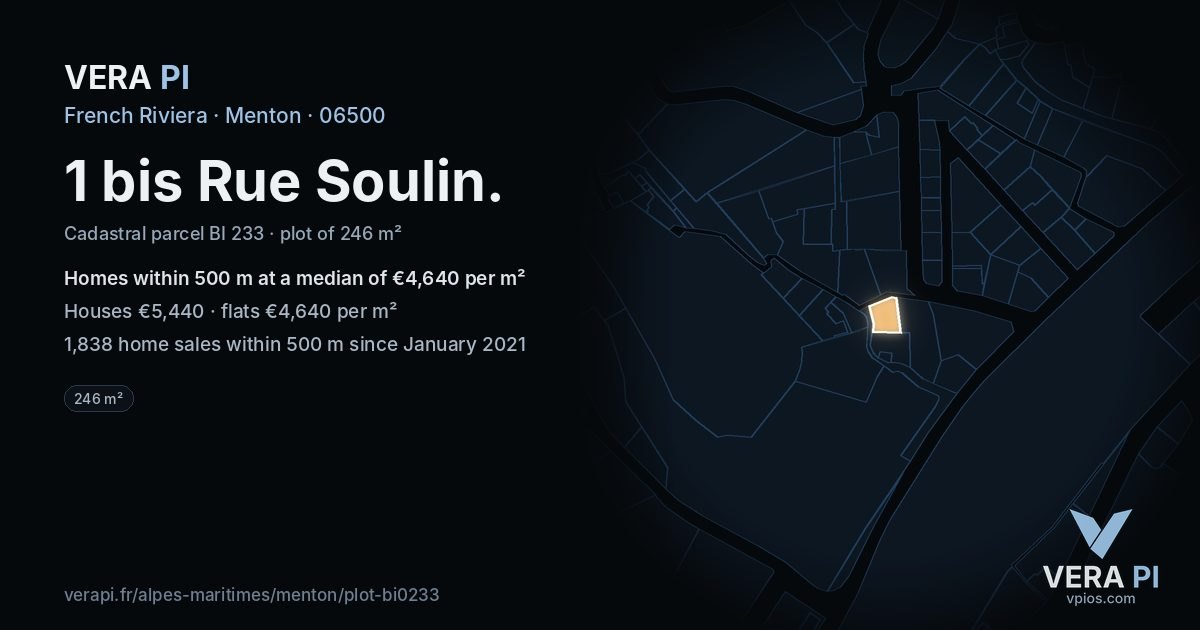 1 bis Rue Soulin, Menton at night – the plot lit, the parcels around coloured by the prices near them