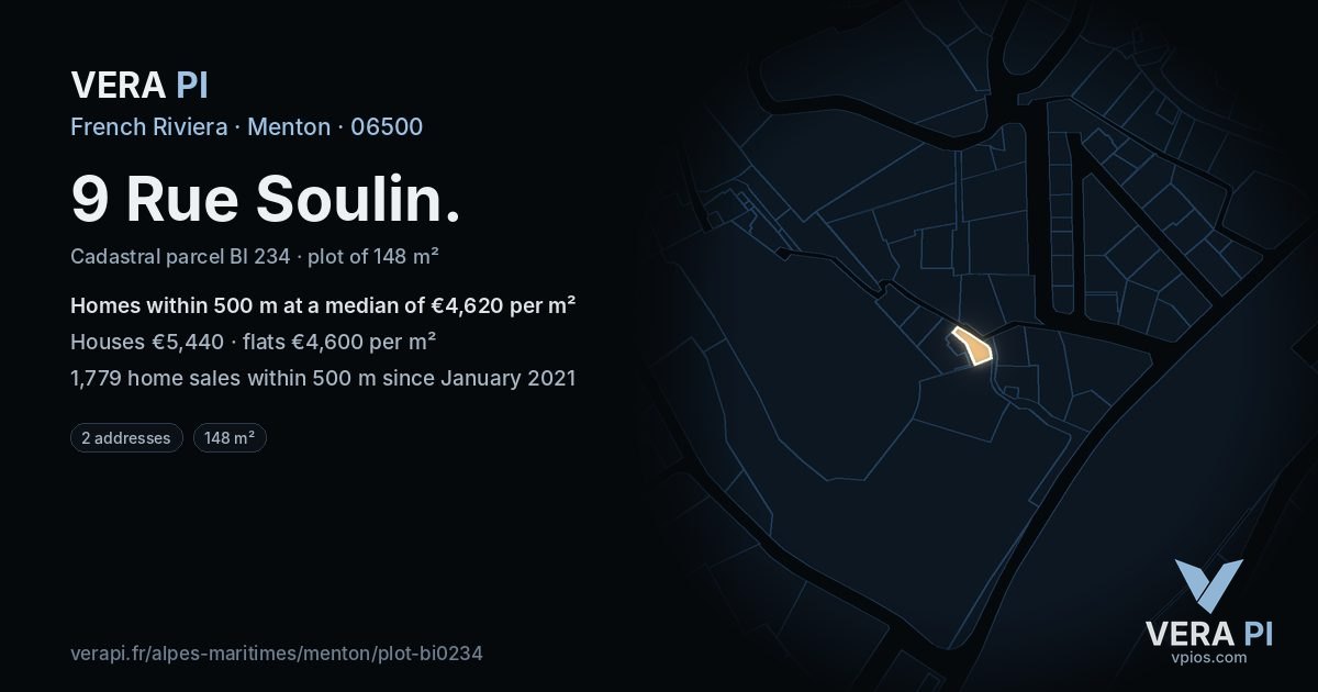 9 Rue Soulin, Menton at night – the plot lit, the parcels around coloured by the prices near them