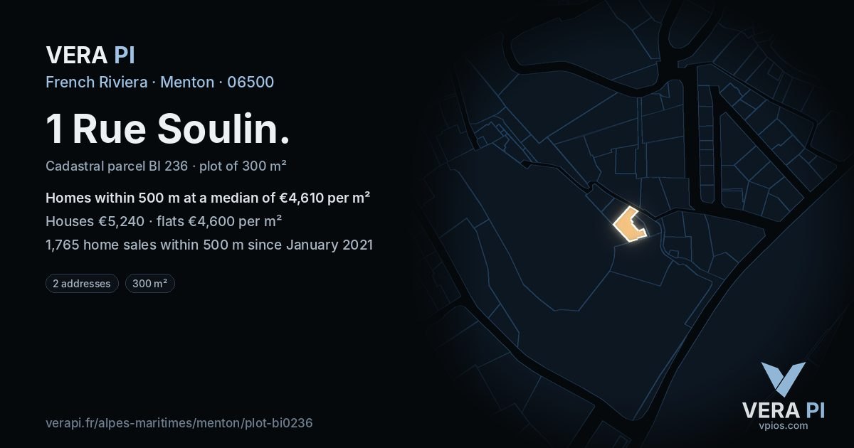 1 Rue Soulin, Menton at night – the plot lit, the parcels around coloured by the prices near them