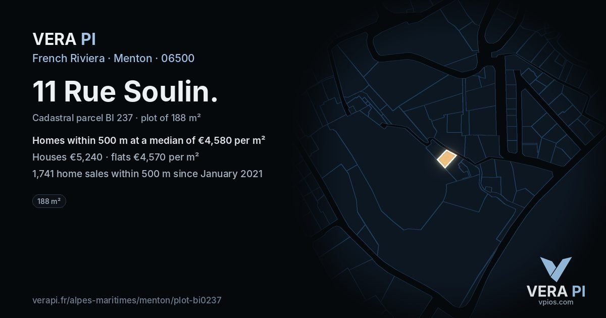 11 Rue Soulin, Menton at night – the plot lit, the parcels around coloured by the prices near them