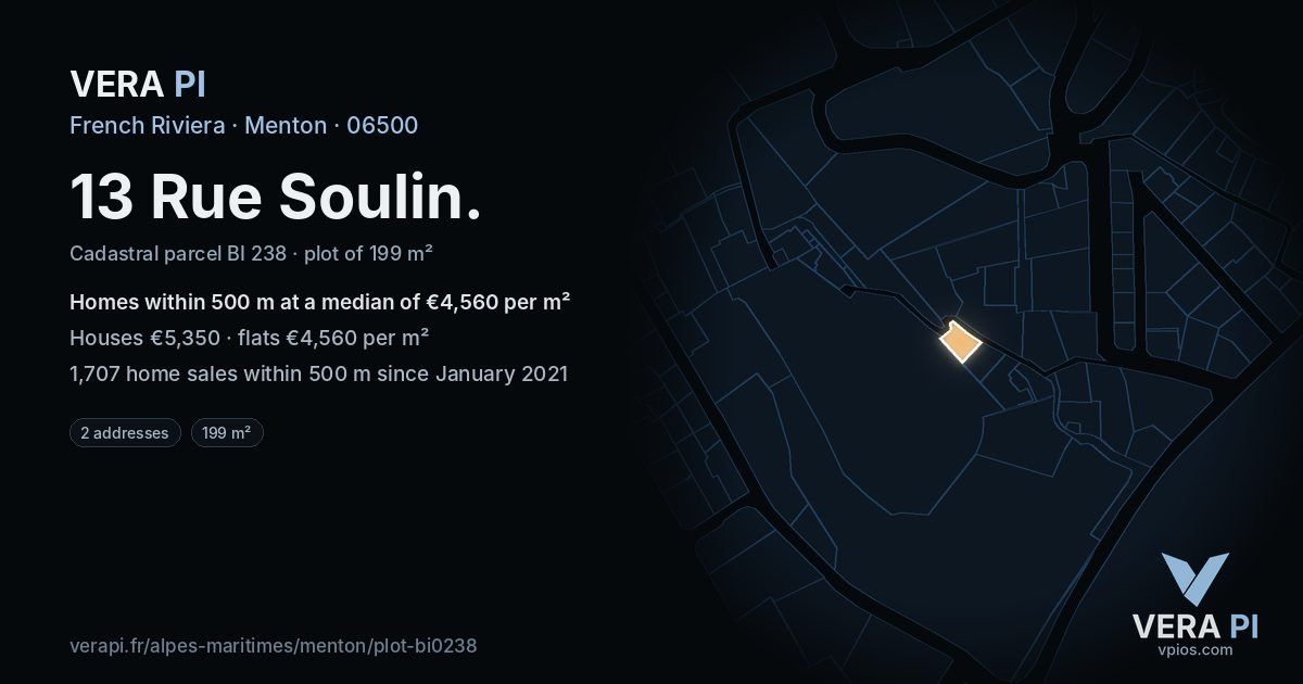 13 Rue Soulin, Menton at night – the plot lit, the parcels around coloured by the prices near them