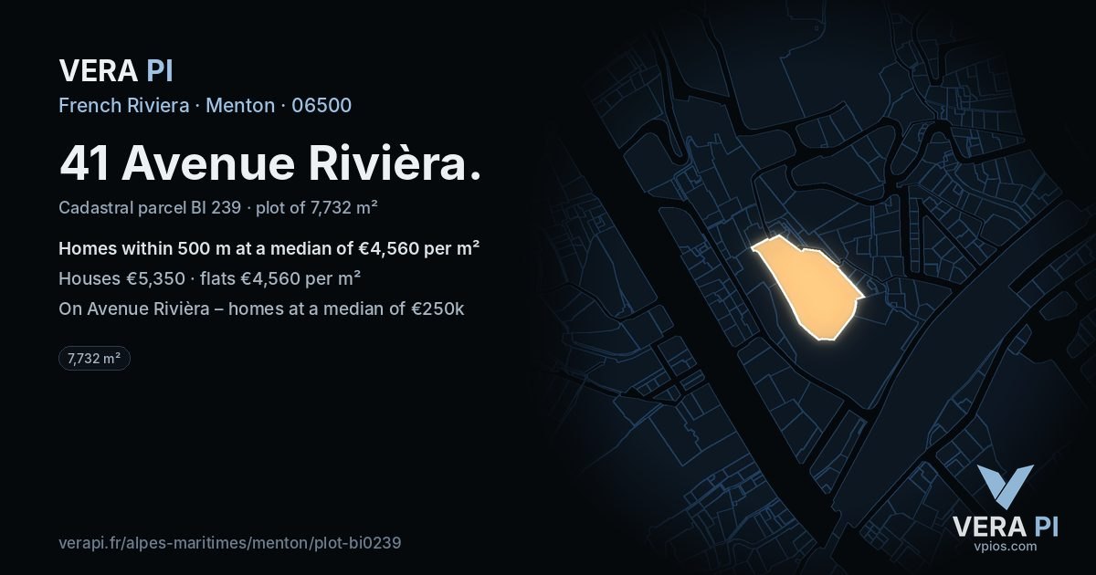 41 Avenue Rivièra, Menton at night – the plot lit, the parcels around coloured by the prices near them