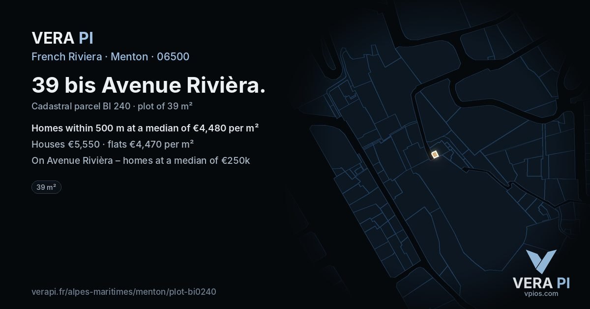 39 bis Avenue Rivièra, Menton at night – the plot lit, the parcels around coloured by the prices near them