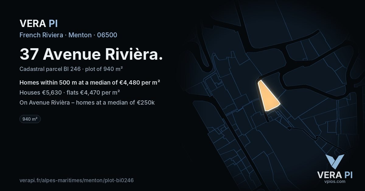 37 Avenue Rivièra, Menton at night – the plot lit, the parcels around coloured by the prices near them