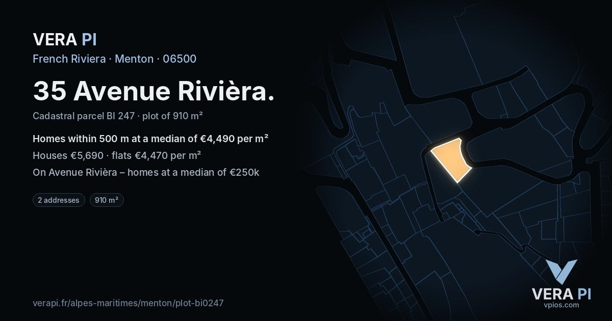 35 Avenue Rivièra, Menton at night – the plot lit, the parcels around coloured by the prices near them