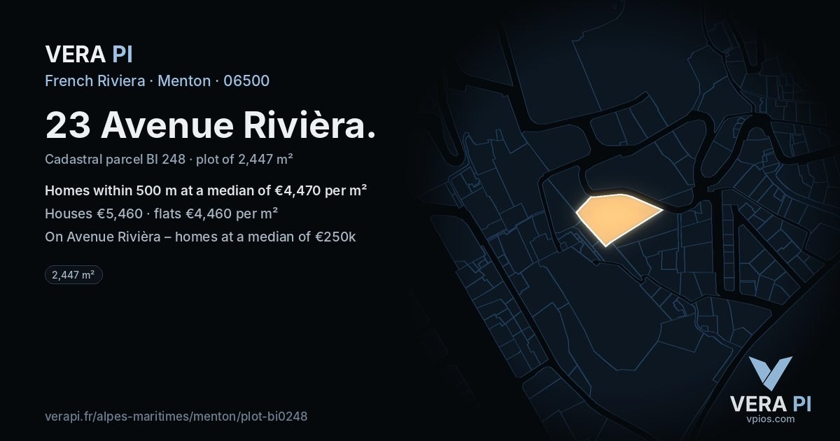 23 Avenue Rivièra, Menton at night – the plot lit, the parcels around coloured by the prices near them
