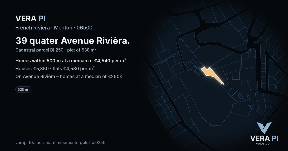39 quater Avenue Rivièra, Menton at night – the plot lit, the parcels around coloured by the prices near them