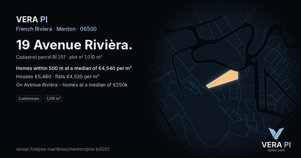 19 Avenue Rivièra, Menton at night – the plot lit, the parcels around coloured by the prices near them