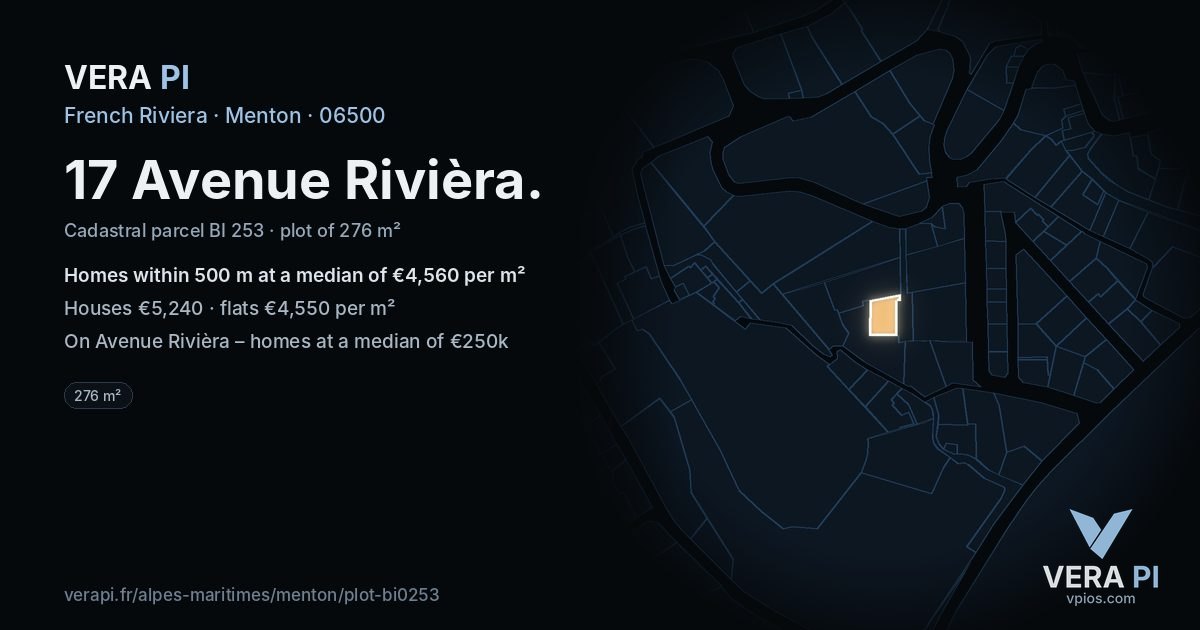 17 Avenue Rivièra, Menton at night – the plot lit, the parcels around coloured by the prices near them