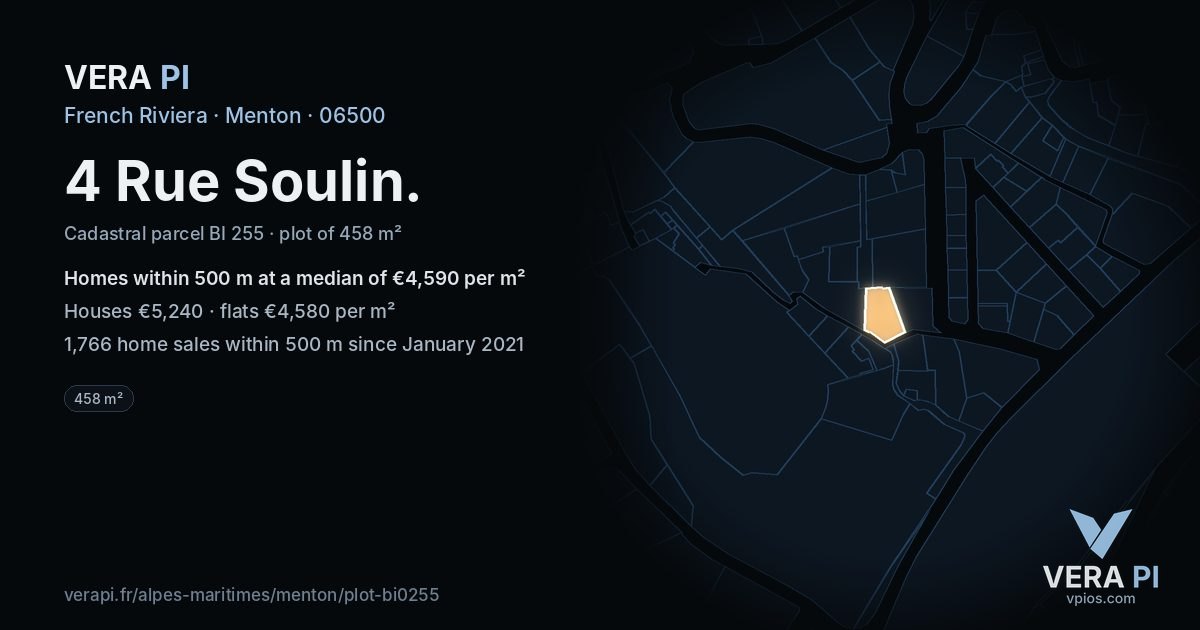4 Rue Soulin, Menton at night – the plot lit, the parcels around coloured by the prices near them