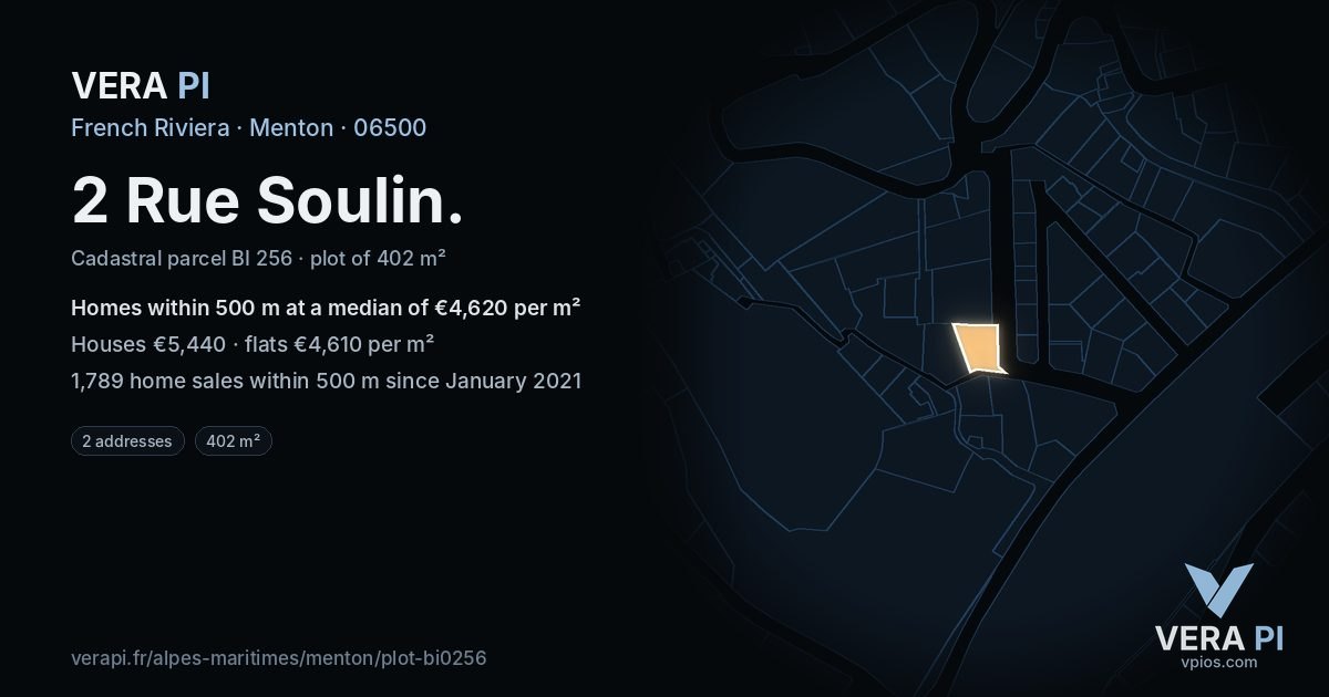 2 Rue Soulin, Menton at night – the plot lit, the parcels around coloured by the prices near them
