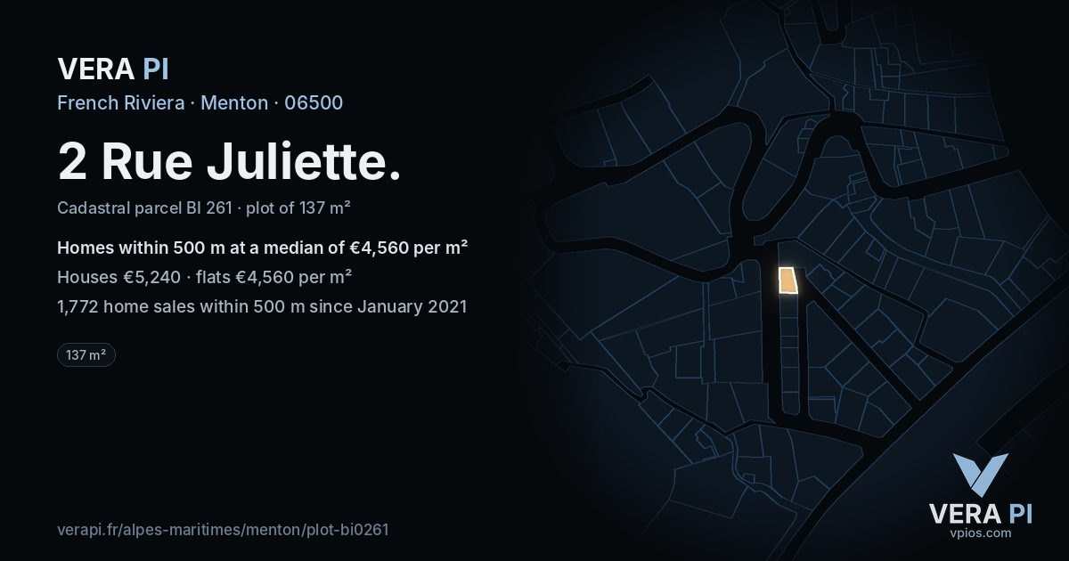 2 Rue Juliette, Menton at night – the plot lit, the parcels around coloured by the prices near them