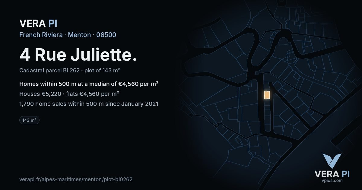 4 Rue Juliette, Menton at night – the plot lit, the parcels around coloured by the prices near them