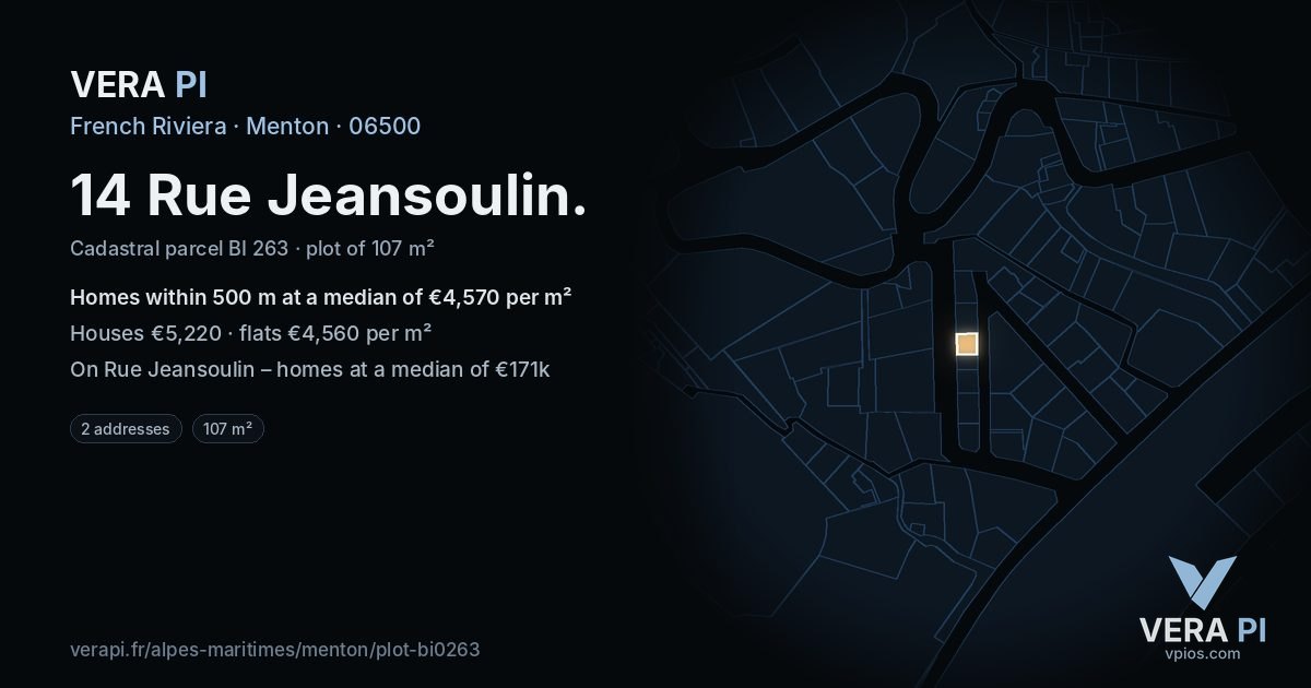 14 Rue Jeansoulin, Menton at night – the plot lit, the parcels around coloured by the prices near them