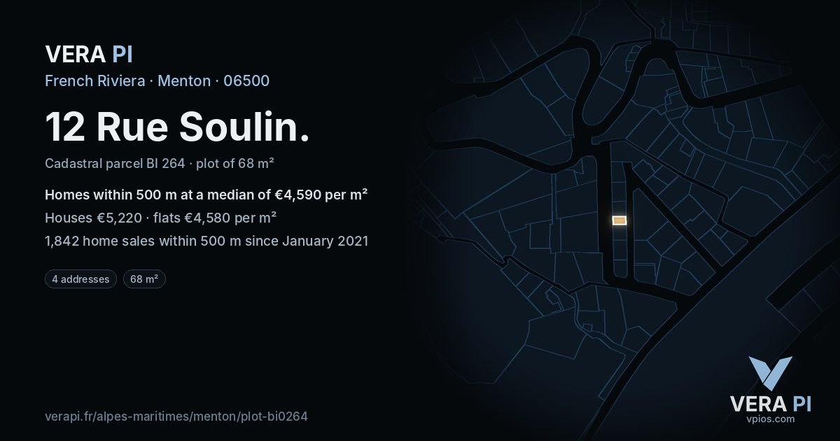 12 Rue Soulin, Menton at night – the plot lit, the parcels around coloured by the prices near them
