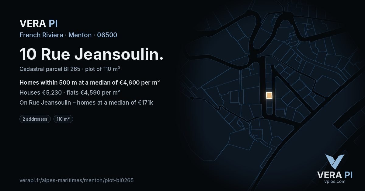 10 Rue Jeansoulin, Menton at night – the plot lit, the parcels around coloured by the prices near them